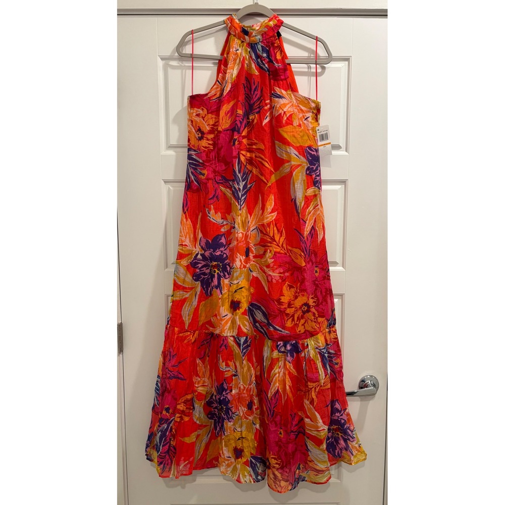 Charter Club Women Poppy Red Floral Halter Tiered Maxi Dress Size 6